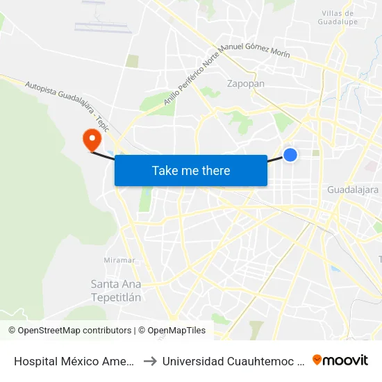 Hospital México Americano / Colomos to Universidad Cuauhtemoc Plantel Guadalajara map