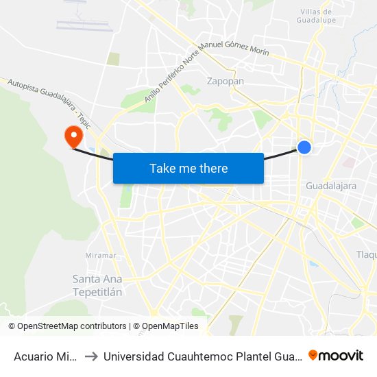 Acuario Michín to Universidad Cuauhtemoc Plantel Guadalajara map