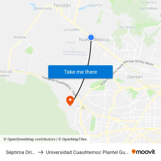 Séptima Oriente to Universidad Cuauhtemoc Plantel Guadalajara map
