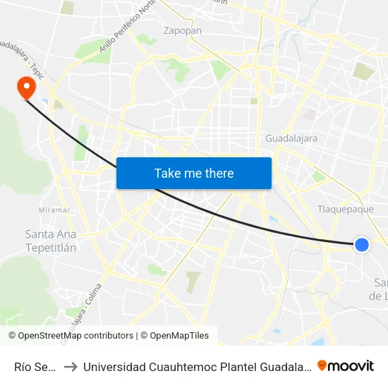 Río Seco to Universidad Cuauhtemoc Plantel Guadalajara map