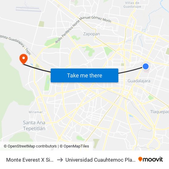 Monte Everest X Sierra Morena to Universidad Cuauhtemoc Plantel Guadalajara map