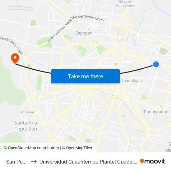 San Pedro to Universidad Cuauhtemoc Plantel Guadalajara map