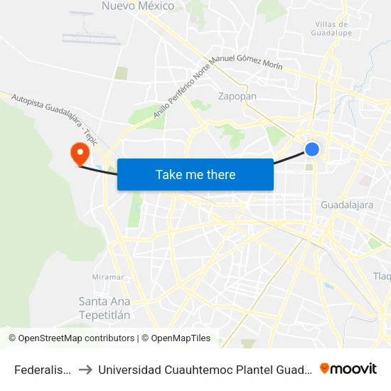 Federalismo to Universidad Cuauhtemoc Plantel Guadalajara map