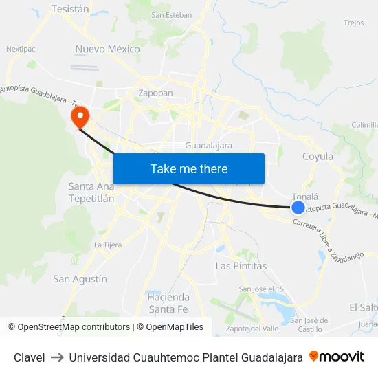 Clavel to Universidad Cuauhtemoc Plantel Guadalajara map