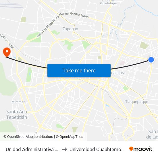 Unidad Administrativa Prisciliano Sánchez to Universidad Cuauhtemoc Plantel Guadalajara map