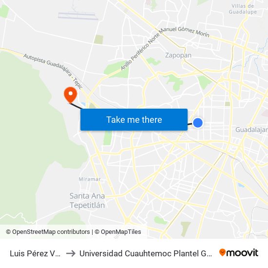 Luis Pérez Verdía to Universidad Cuauhtemoc Plantel Guadalajara map