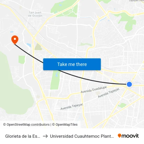 Glorieta de la Estampida to Universidad Cuauhtemoc Plantel Guadalajara map