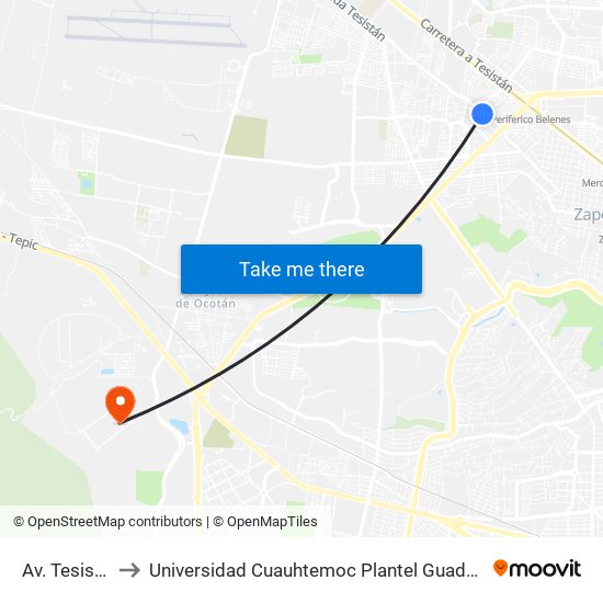 Av. Tesistán to Universidad Cuauhtemoc Plantel Guadalajara map