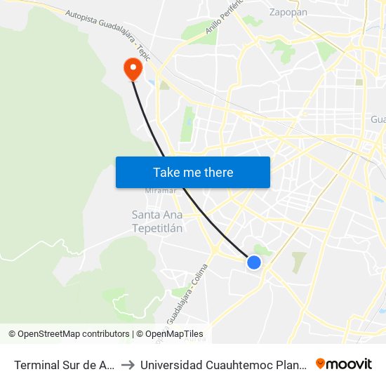 Terminal Sur de Autobuses to Universidad Cuauhtemoc Plantel Guadalajara map