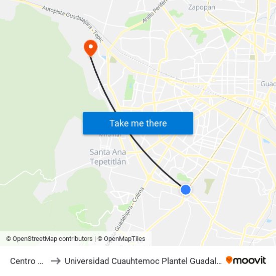 Centro Sur to Universidad Cuauhtemoc Plantel Guadalajara map