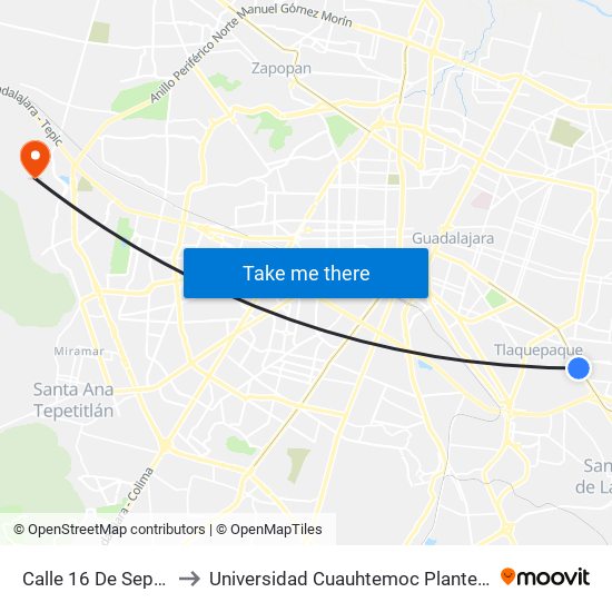 Calle 16 De Septiembre to Universidad Cuauhtemoc Plantel Guadalajara map