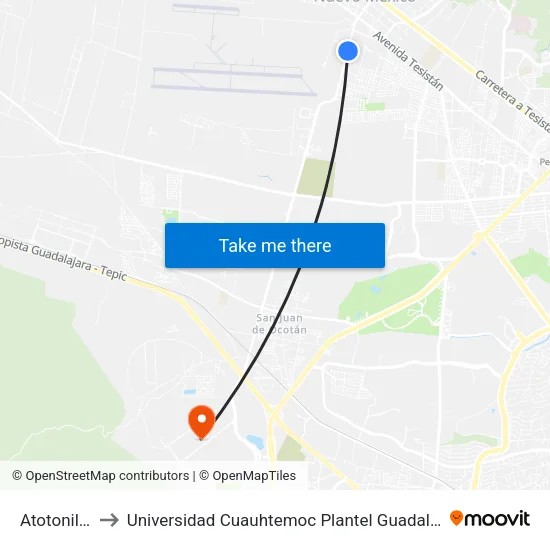 Atotonilco to Universidad Cuauhtemoc Plantel Guadalajara map