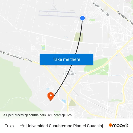Tuxpan to Universidad Cuauhtemoc Plantel Guadalajara map