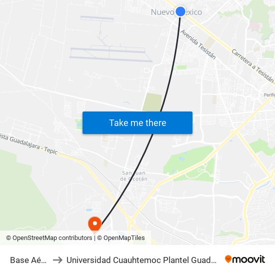 Base Aérea to Universidad Cuauhtemoc Plantel Guadalajara map