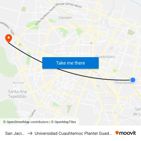 San Jacinto to Universidad Cuauhtemoc Plantel Guadalajara map