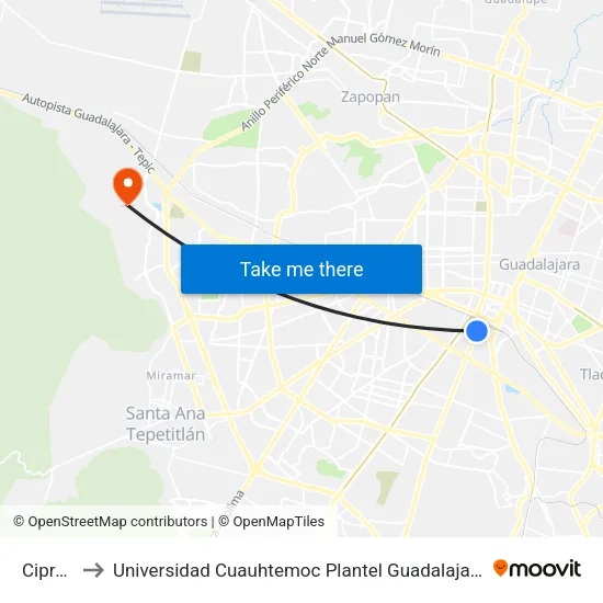 Ciprés to Universidad Cuauhtemoc Plantel Guadalajara map