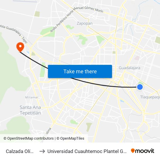 Calzada Olímpica to Universidad Cuauhtemoc Plantel Guadalajara map