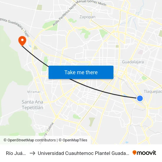 Río Juárez to Universidad Cuauhtemoc Plantel Guadalajara map