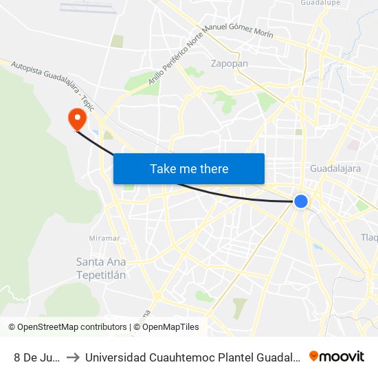 8 de Julio to Universidad Cuauhtemoc Plantel Guadalajara map