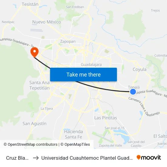 Cruz Blanca to Universidad Cuauhtemoc Plantel Guadalajara map