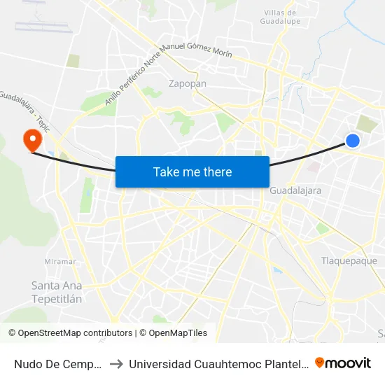 Nudo De Cempoalteptl to Universidad Cuauhtemoc Plantel Guadalajara map