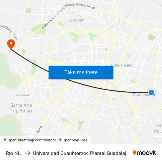 Río Nilo to Universidad Cuauhtemoc Plantel Guadalajara map