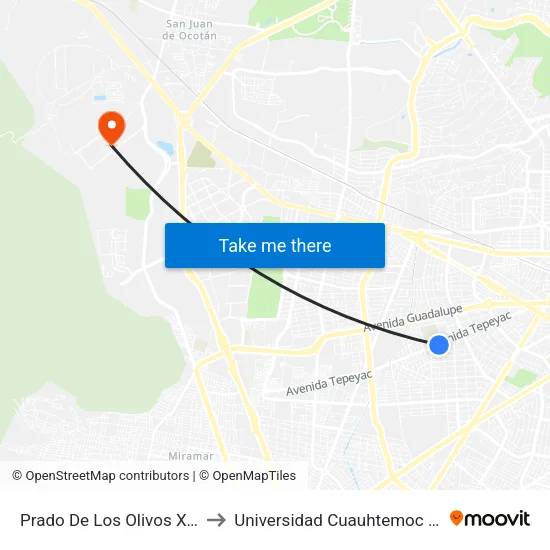 Prado De Los Olivos X Avenda Tepeyac to Universidad Cuauhtemoc Plantel Guadalajara map