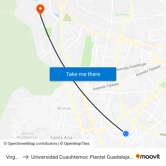 Virgen to Universidad Cuauhtemoc Plantel Guadalajara map