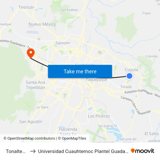 Tonaltecas to Universidad Cuauhtemoc Plantel Guadalajara map