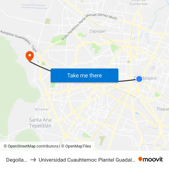 Degollado to Universidad Cuauhtemoc Plantel Guadalajara map