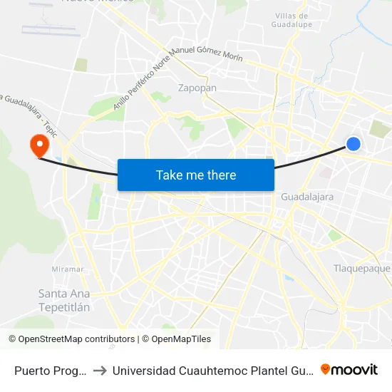 Puerto Progreso to Universidad Cuauhtemoc Plantel Guadalajara map