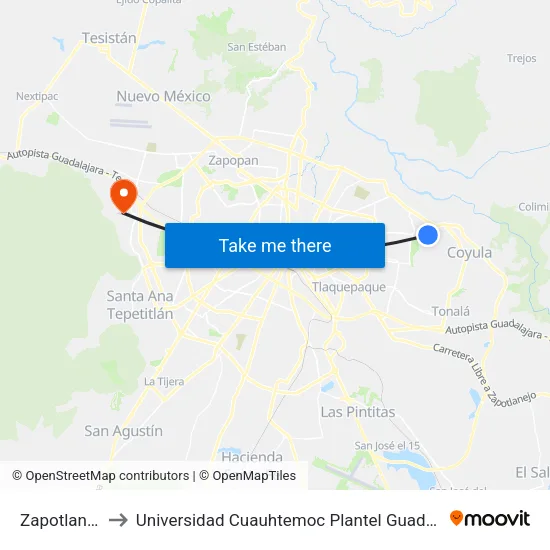 Zapotlanejo to Universidad Cuauhtemoc Plantel Guadalajara map
