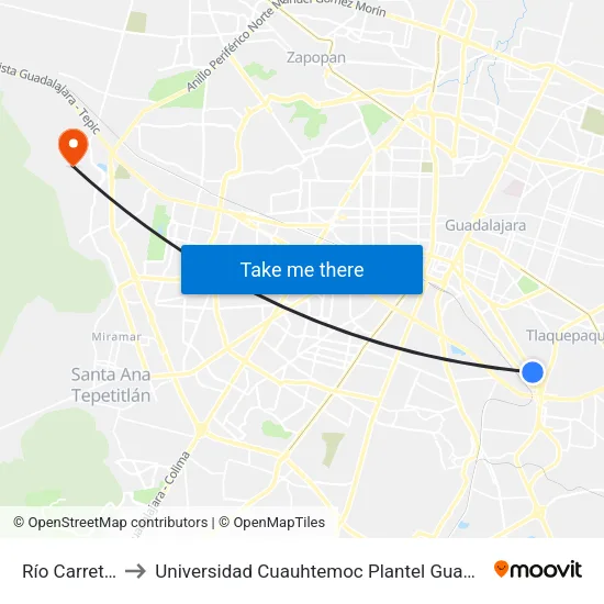 Río Carretelo to Universidad Cuauhtemoc Plantel Guadalajara map