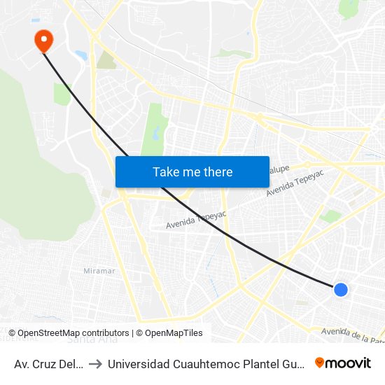 Av. Cruz Del Sur to Universidad Cuauhtemoc Plantel Guadalajara map