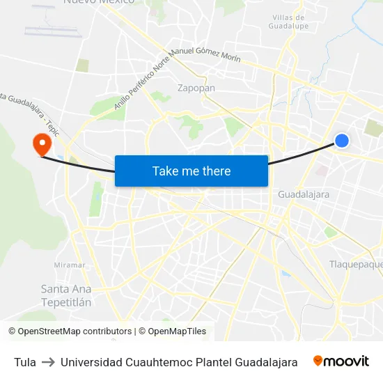 Tula to Universidad Cuauhtemoc Plantel Guadalajara map