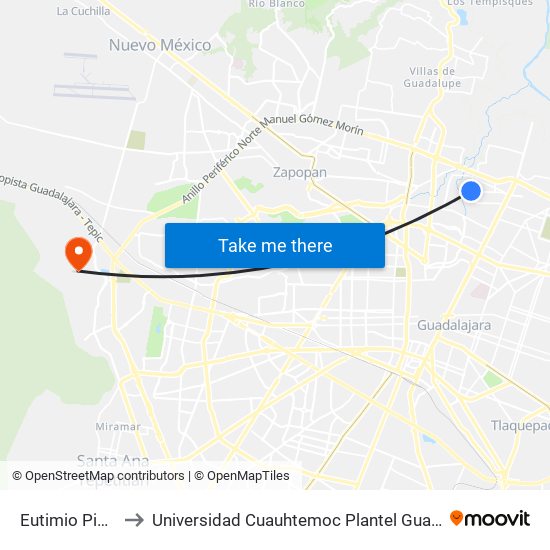 Eutimio Pinzón to Universidad Cuauhtemoc Plantel Guadalajara map