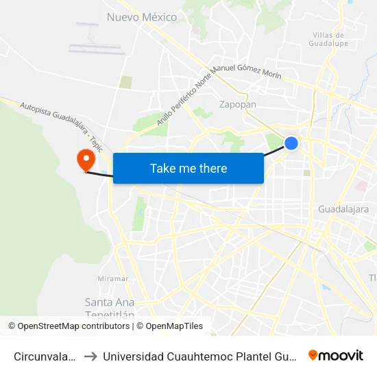 Circunvalación to Universidad Cuauhtemoc Plantel Guadalajara map