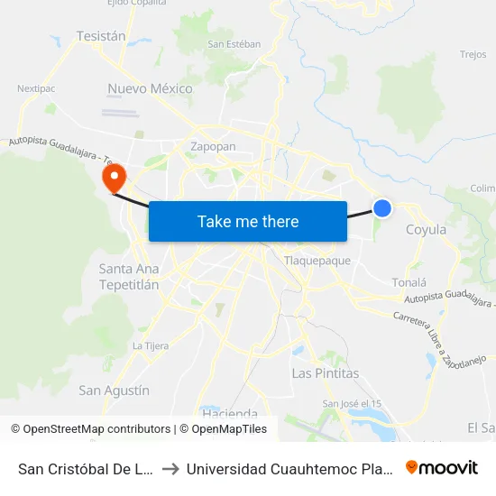 San Cristóbal De La Barranca to Universidad Cuauhtemoc Plantel Guadalajara map