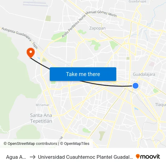 Agua Azul to Universidad Cuauhtemoc Plantel Guadalajara map
