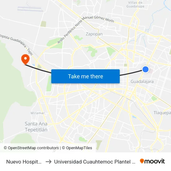 Nuevo Hospital Civil to Universidad Cuauhtemoc Plantel Guadalajara map