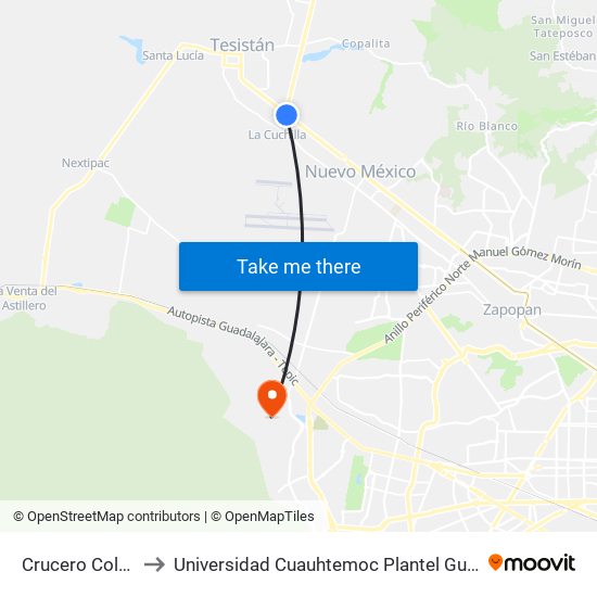 Crucero Colotlán to Universidad Cuauhtemoc Plantel Guadalajara map