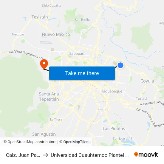 Calz. Juan Pablo Ll to Universidad Cuauhtemoc Plantel Guadalajara map