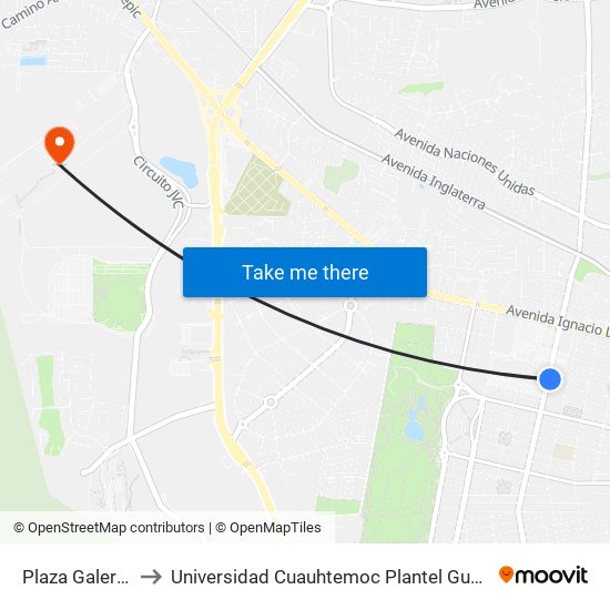 Plaza Galerías I to Universidad Cuauhtemoc Plantel Guadalajara map