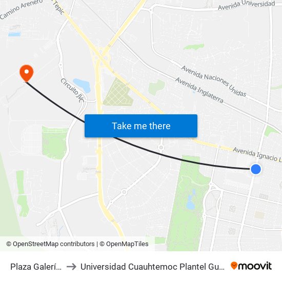 Plaza Galerías II to Universidad Cuauhtemoc Plantel Guadalajara map