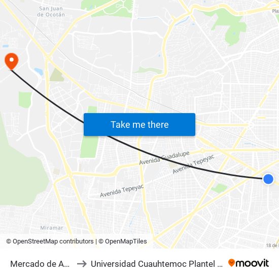 Mercado de Abastos to Universidad Cuauhtemoc Plantel Guadalajara map