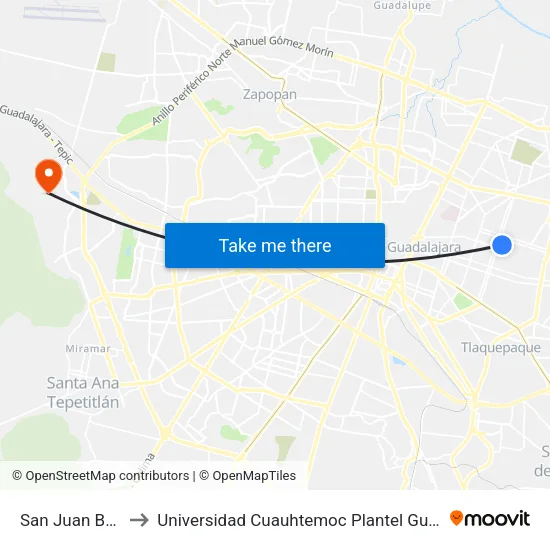 San Juan Bosco to Universidad Cuauhtemoc Plantel Guadalajara map