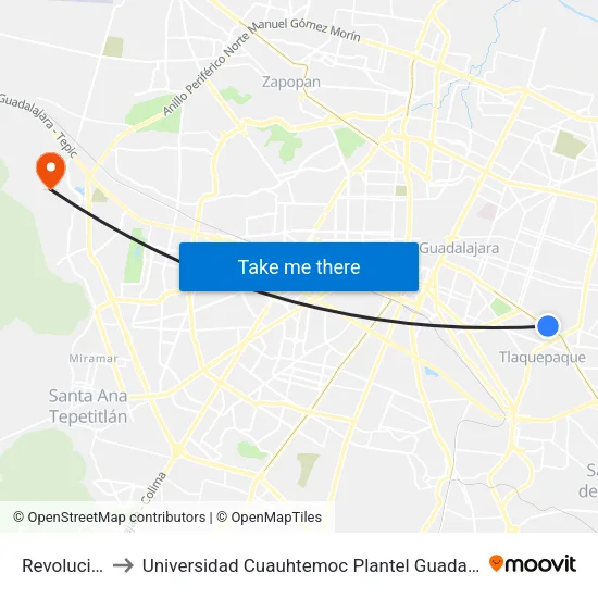 Revolución to Universidad Cuauhtemoc Plantel Guadalajara map