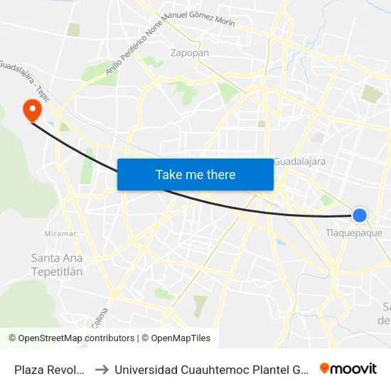 Plaza Revolución to Universidad Cuauhtemoc Plantel Guadalajara map