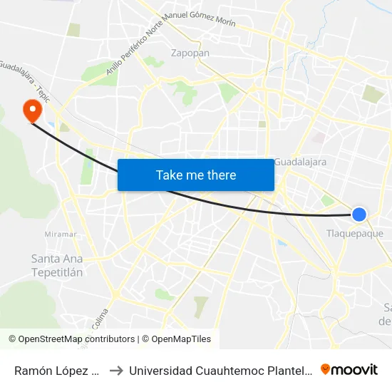 Ramón López Velarde to Universidad Cuauhtemoc Plantel Guadalajara map