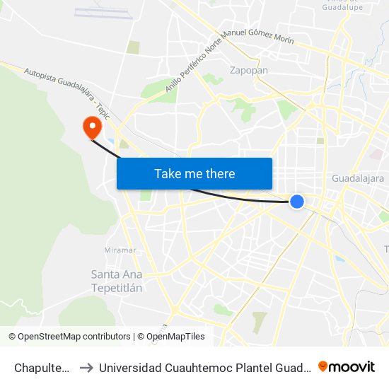 Chapultepec to Universidad Cuauhtemoc Plantel Guadalajara map